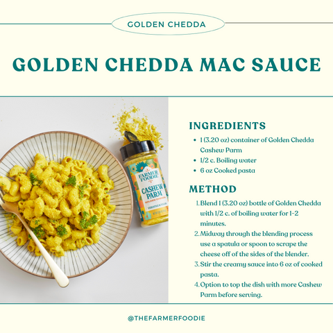 Farmer Foodie Golden Chedda Cashew Parm recipe extension video of Mac & Cheese sauce.