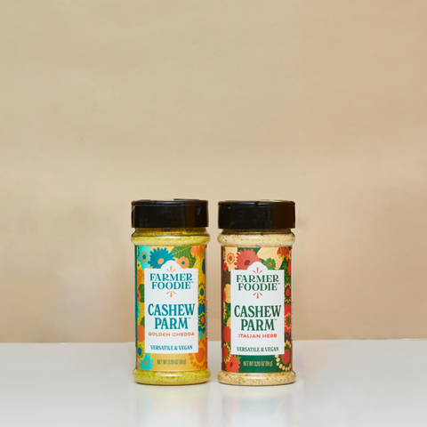 Farmer Foodie Italian Herb and Golden Chedda Cashew Parm Products. 2 pack. Vegan, gluten free, delicious, dairy free, and plant powered.